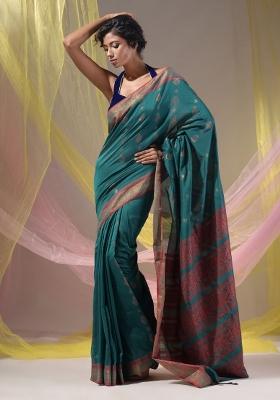 Teal Floral Embroidery Silk Saree Set