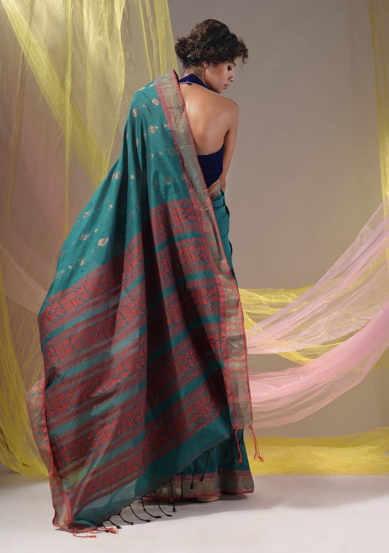 Teal Floral Embroidery Silk Saree Set