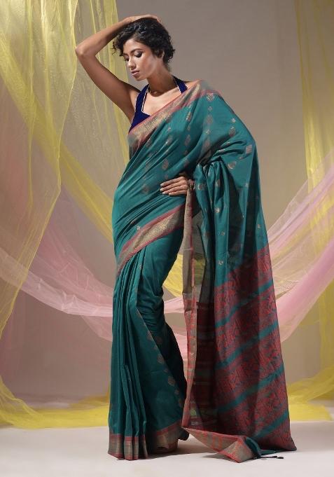 Teal Floral Embroidery Silk Saree Set