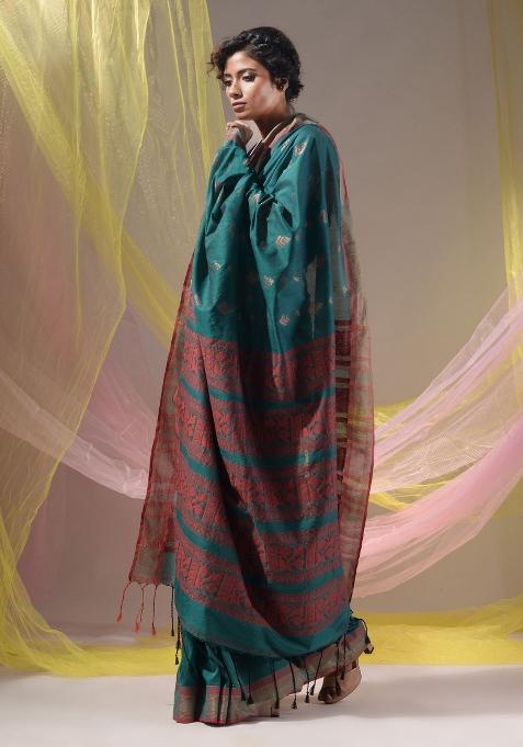 Teal Floral Embroidery Silk Saree Set