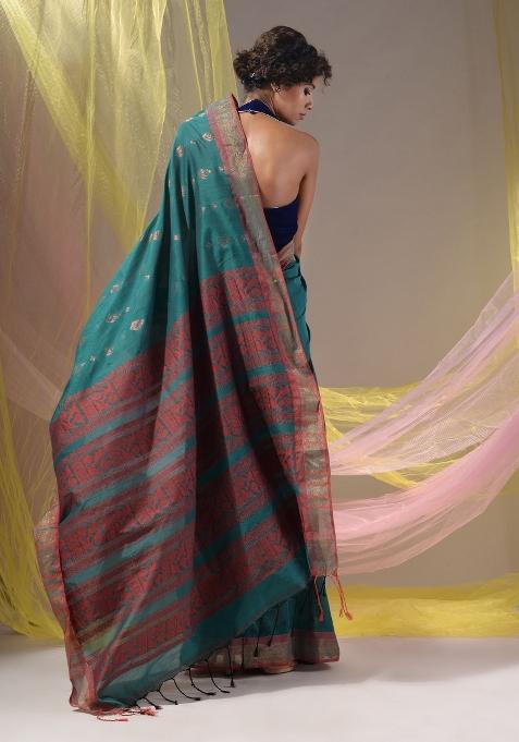 Teal Floral Embroidery Silk Saree Set
