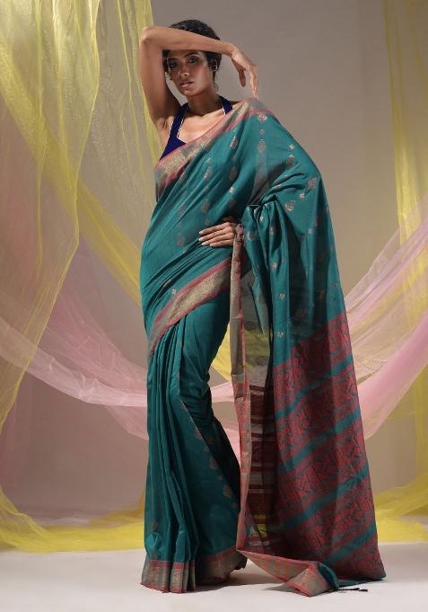 Teal Floral Embroidery Silk Saree Set