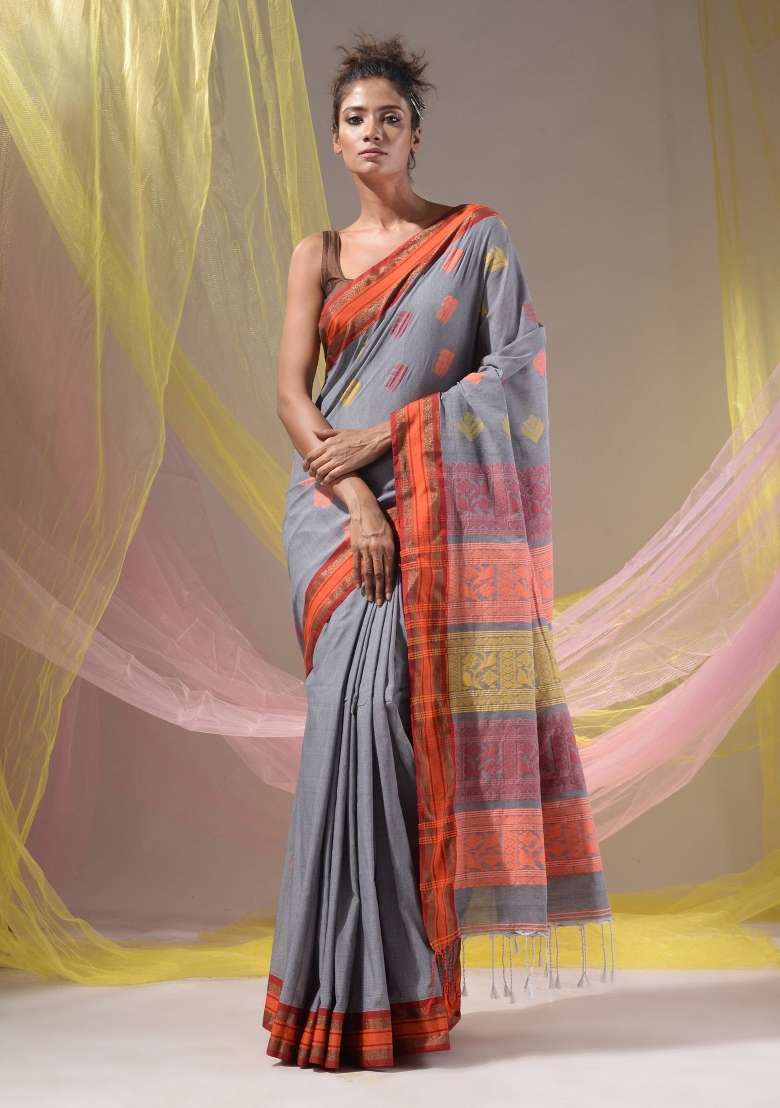 Grey Floral Silk Blend Saree Set with Embroidery for Diwali | Wedding & Festive Wear - Indya