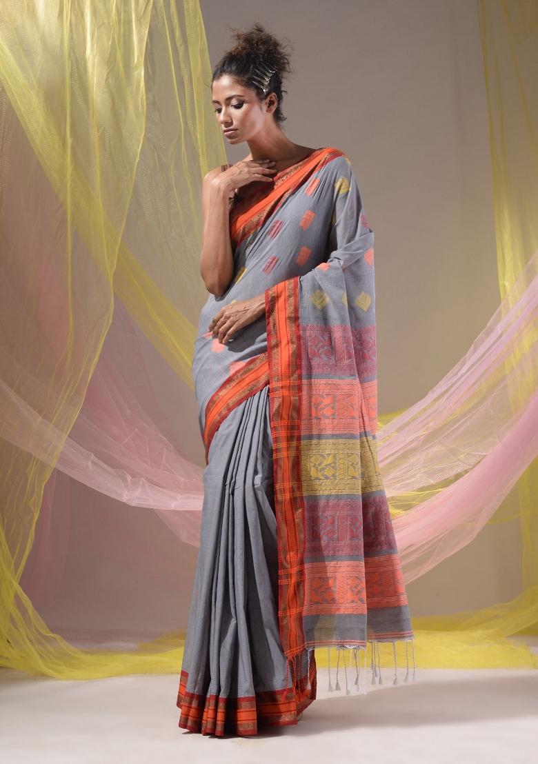 Grey Floral Embroidery Silk Saree Set - Indya