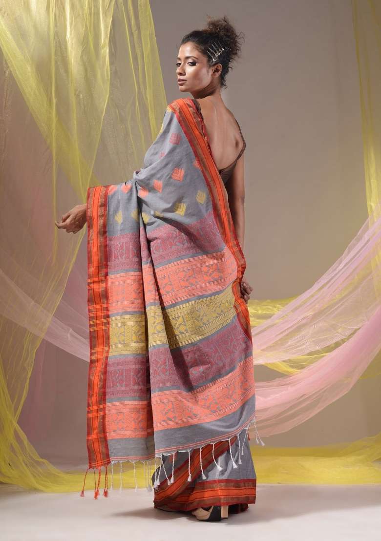 Grey Floral Silk Blend Saree Set with Embroidery for Diwali | Wedding & Festive Wear - Indya