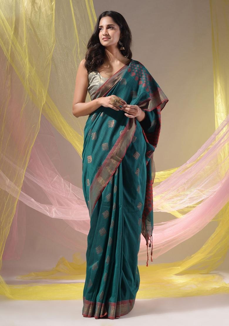 Teal Floral Embroidery Silk Saree Set