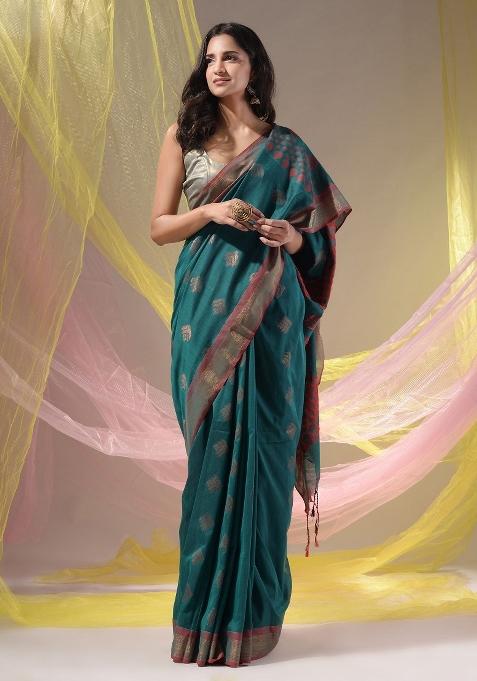 Teal Floral Embroidery Silk Saree Set