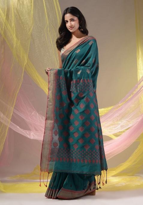 Teal Floral Embroidery Silk Saree Set