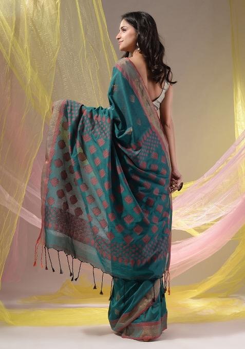 Teal Floral Embroidery Silk Saree Set