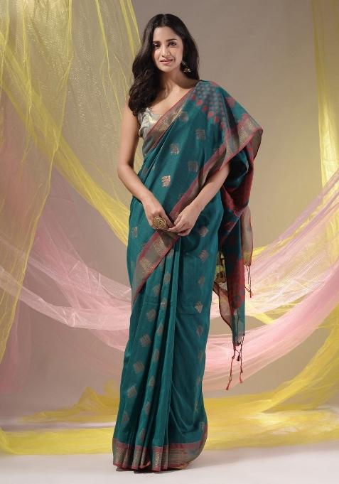 Teal Floral Embroidery Silk Saree Set