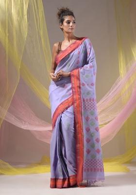 Lavender Floral Embroidery Silk Saree Set