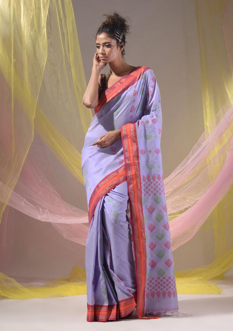 Lavender Floral Embroidery Silk Saree Set - Indya