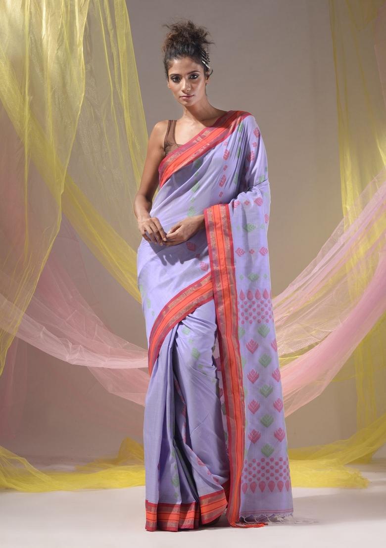 Lavender Floral Embroidery Silk Saree Set - Indya