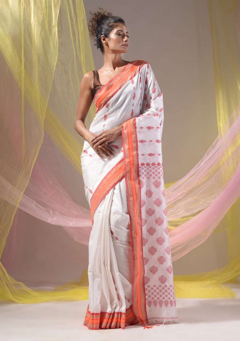 White Floral Silk Blend Saree Set with Embroidery for Diwali | Wedding & Festive Wear - Indya