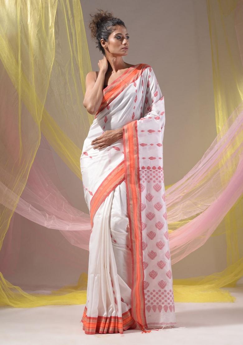 White Floral Embroidery Silk Saree Set - Indya