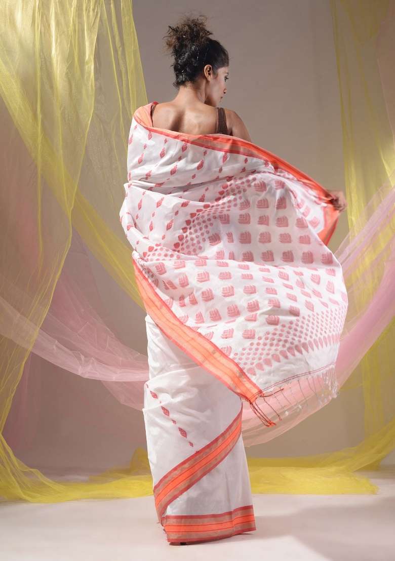 White Floral Silk Blend Saree Set with Embroidery for Diwali | Wedding & Festive Wear - Indya