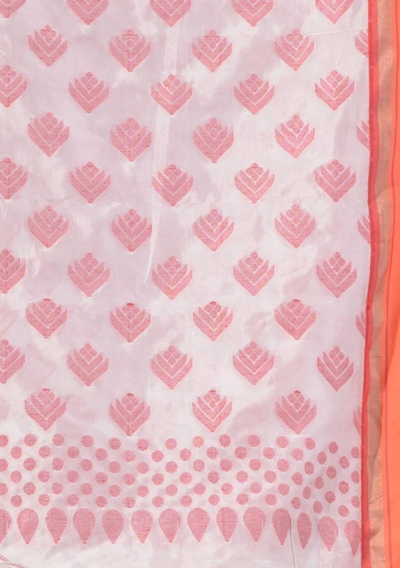 White Floral Embroidery Silk Saree Set - Indya