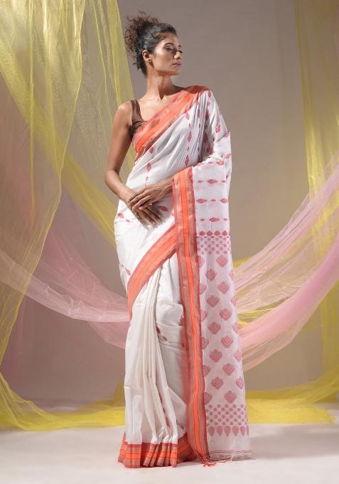 White Floral Embroidery Silk Saree Set