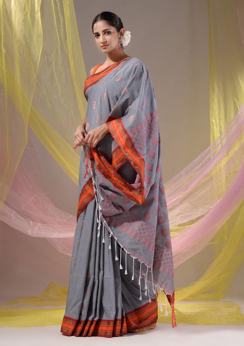 Grey Floral Embroidery Silk Saree Set - Indya