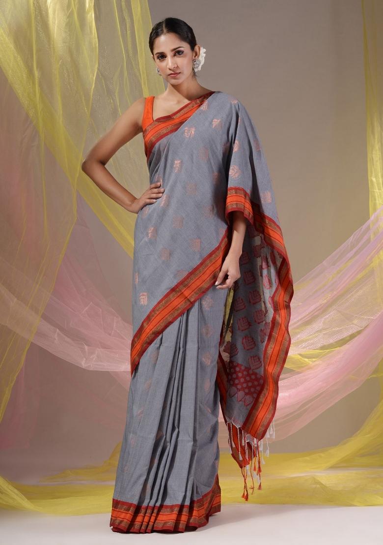 Grey Floral Embroidery Silk Saree Set - Indya