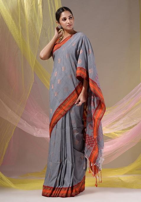Grey Floral Embroidery Silk Saree Set