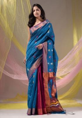Sapphire Blue Floral Embroidery Cotton Saree Set