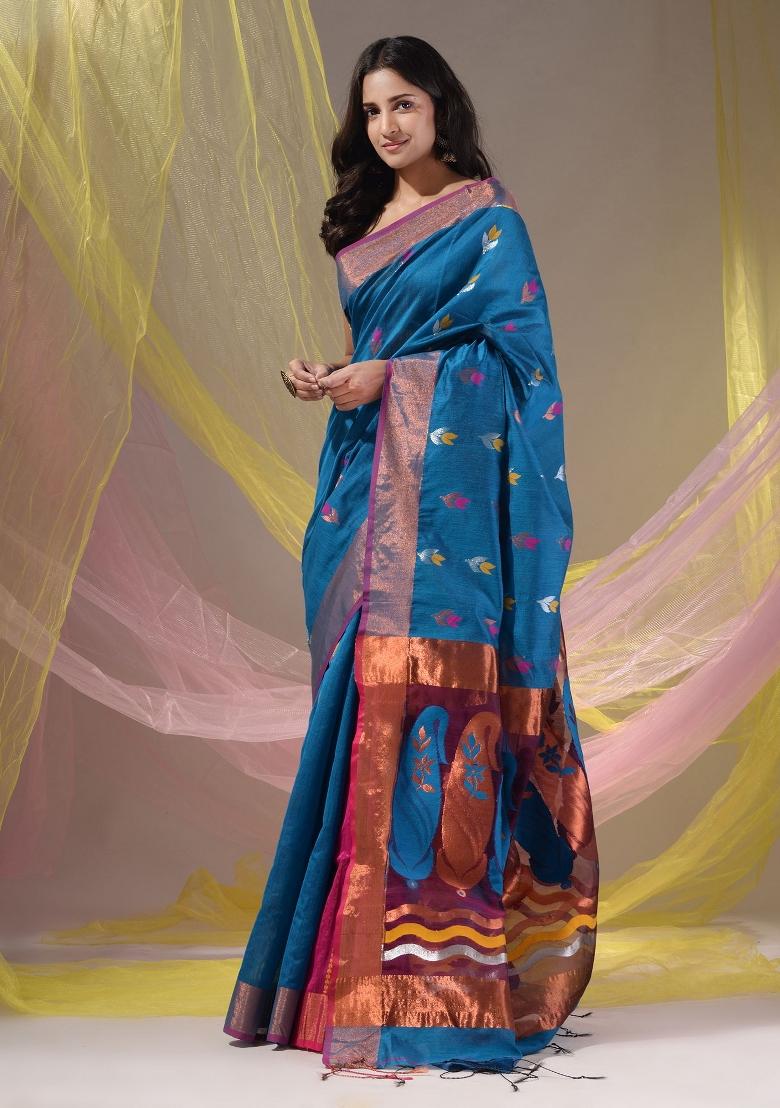 Sapphire Blue Floral Embroidery Cotton Saree Set - Indya