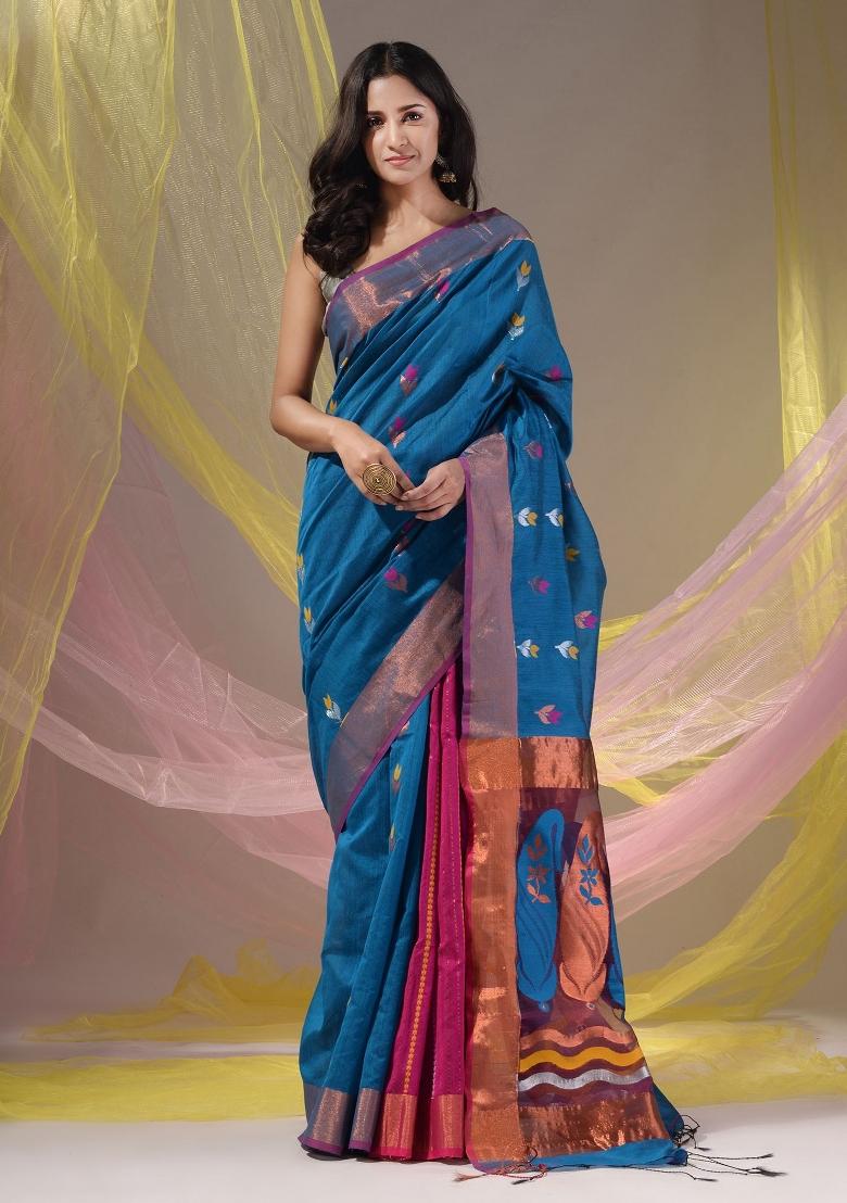 Sapphire Blue Floral Embroidery Cotton Saree Set - Indya