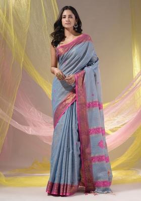 Grey Floral Embroidery Cotton Saree Set