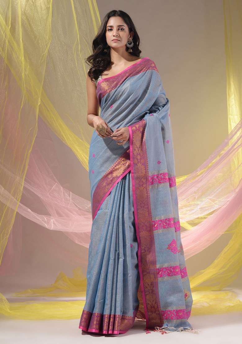 Grey Floral Cotton Saree Set with Embroidery for Diwali | Wedding & Festive Wear - Indya