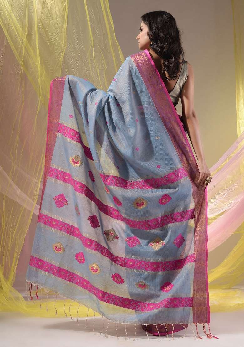 Grey Floral Cotton Saree Set with Embroidery for Diwali | Wedding & Festive Wear - Indya