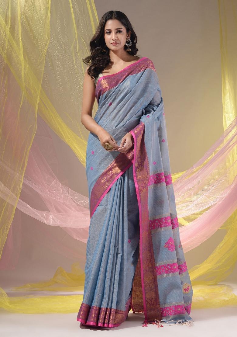 Grey Floral Embroidery Cotton Saree Set - Indya