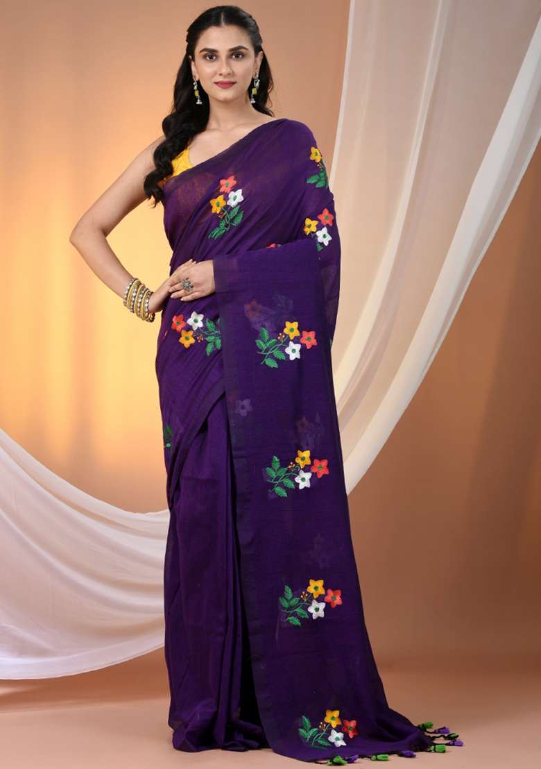 Purple Floral Embroidery Cotton Saree Set for Diwali and Festive Wear - Indya