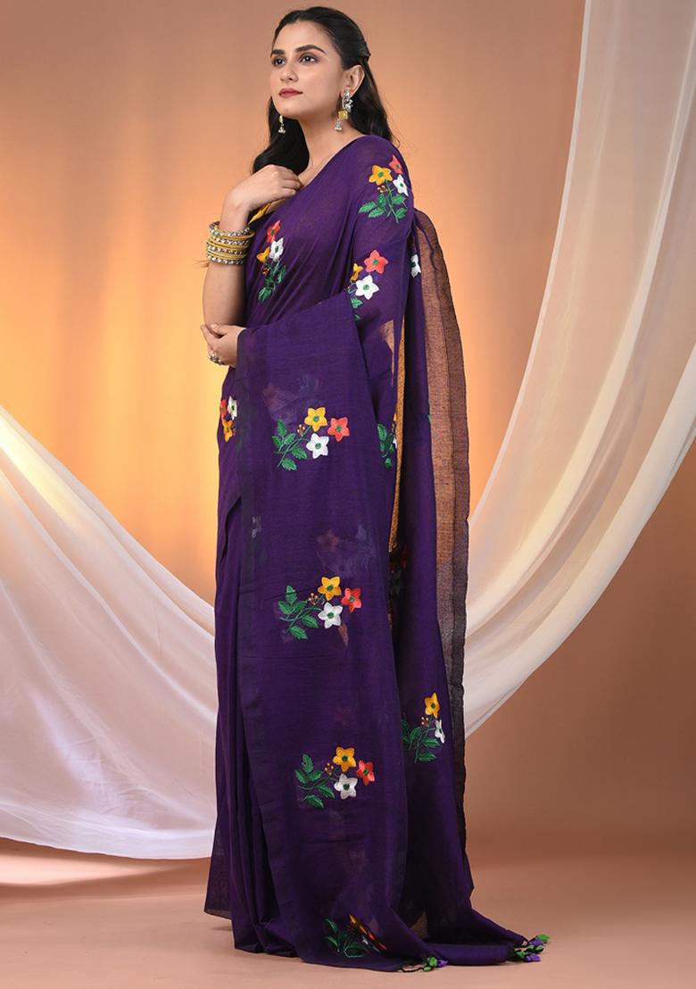 Purple Floral Embroidery Cotton Saree Set - Indya