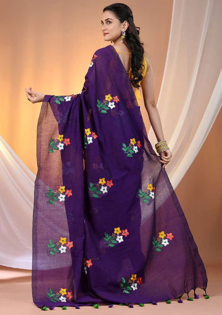 Purple Floral Embroidery Cotton Saree Set for Diwali and Festive Wear - Indya