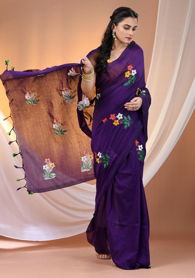 Purple Floral Embroidery Cotton Saree Set - Indya