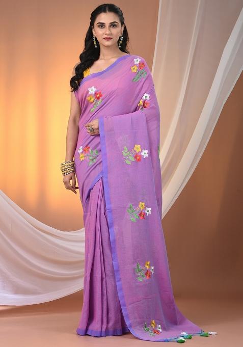 Mauve Floral Embroidery Cotton Saree Set