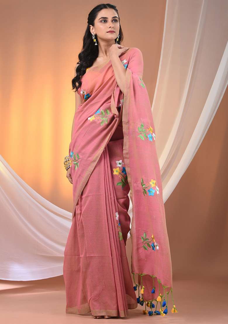 Salmon Pink Floral Embroidery Cotton Saree Set for Diwali and Festive Wear - Indya
