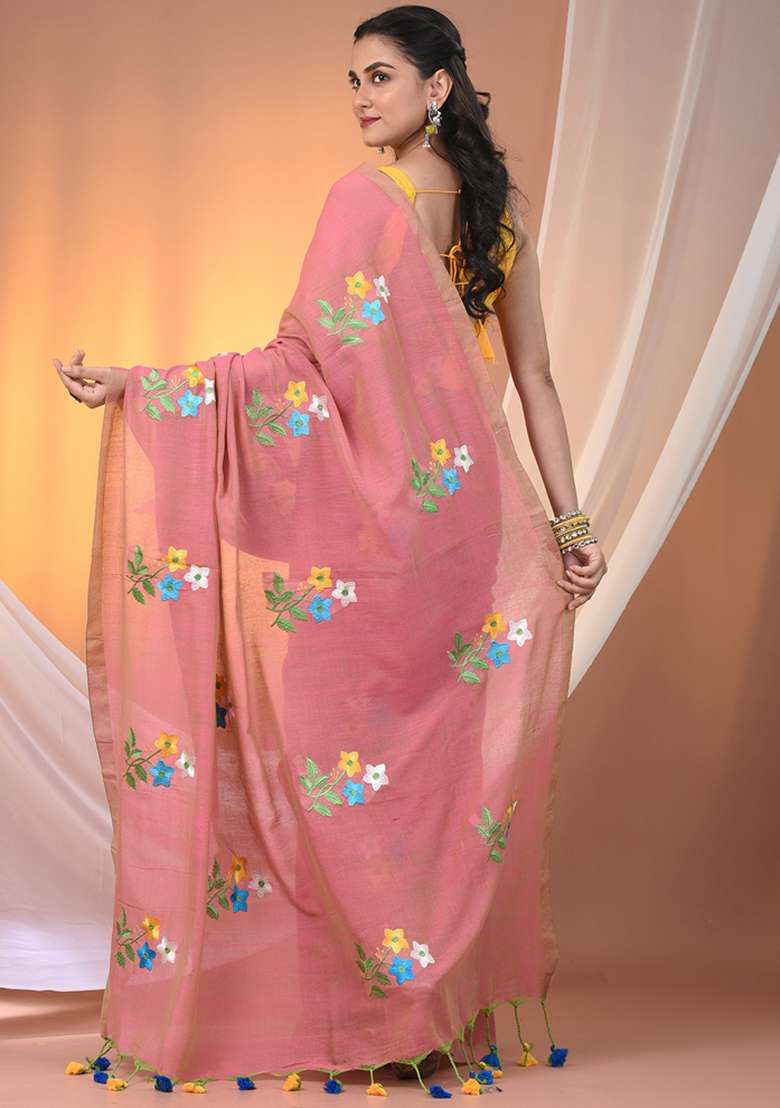Salmon Pink Floral Embroidery Cotton Saree Set for Diwali and Festive Wear - Indya
