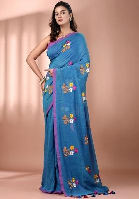 Sapphire Blue Floral Embroidery Cotton Saree Set