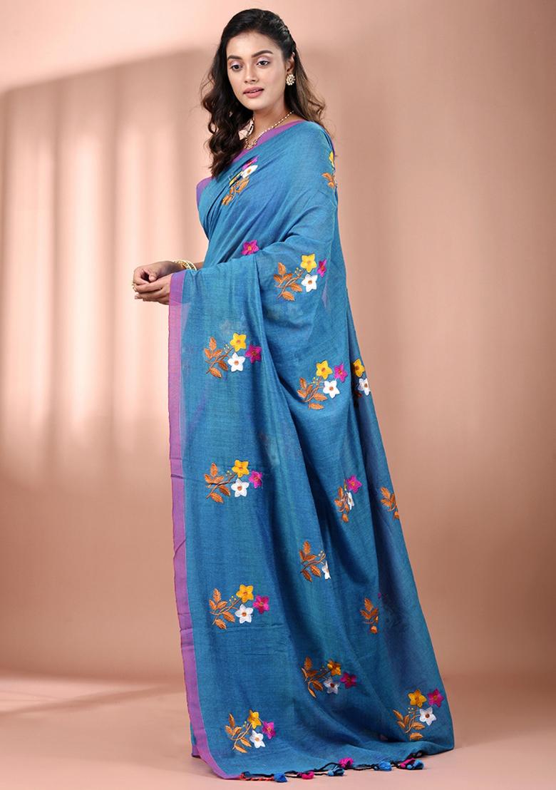 Sapphire Blue Floral Embroidery Cotton Saree Set - Indya