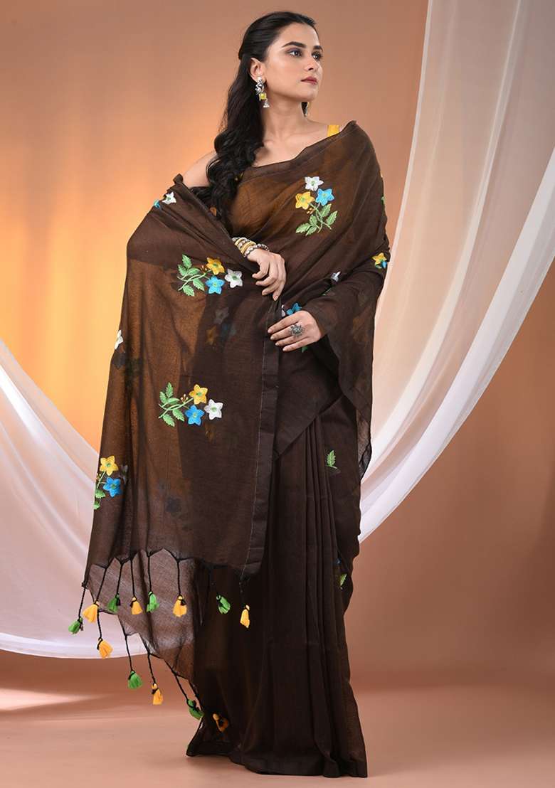 Chocolate Brown Floral Embroidery Cotton Saree Set for Diwali and Festive Wear - Indya