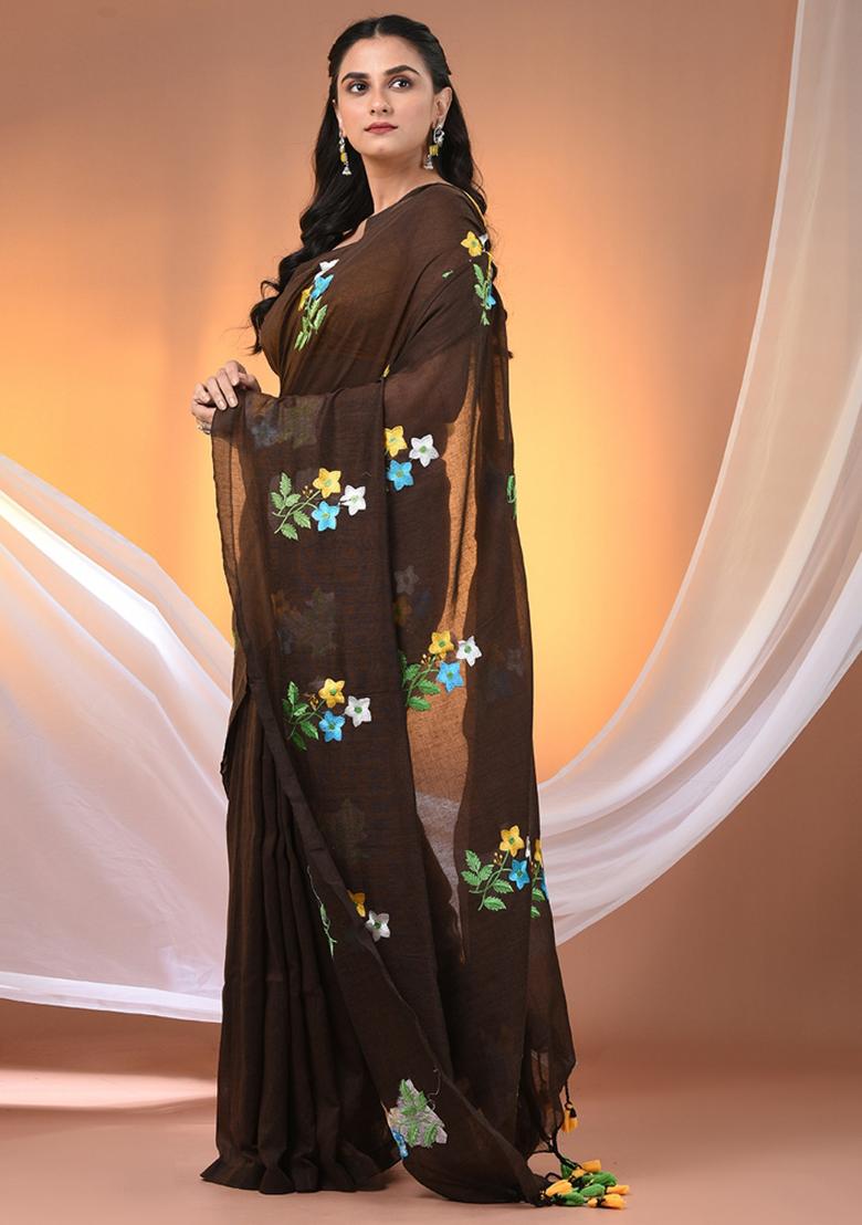 Chocolate Brown Floral Embroidery Cotton Saree Set - Indya