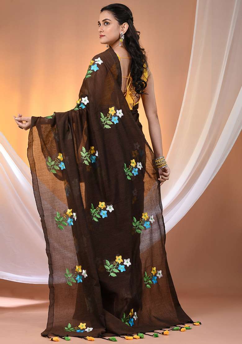 Chocolate Brown Floral Embroidery Cotton Saree Set for Diwali and Festive Wear - Indya