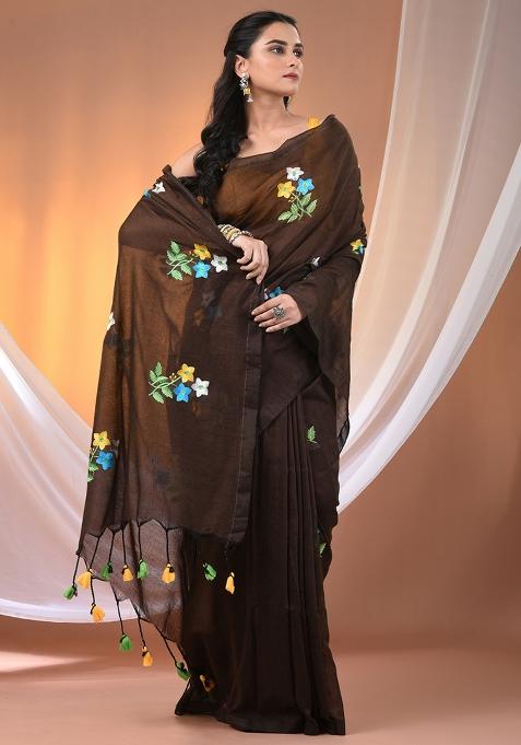 Chocolate Brown Floral Embroidery Cotton Saree Set