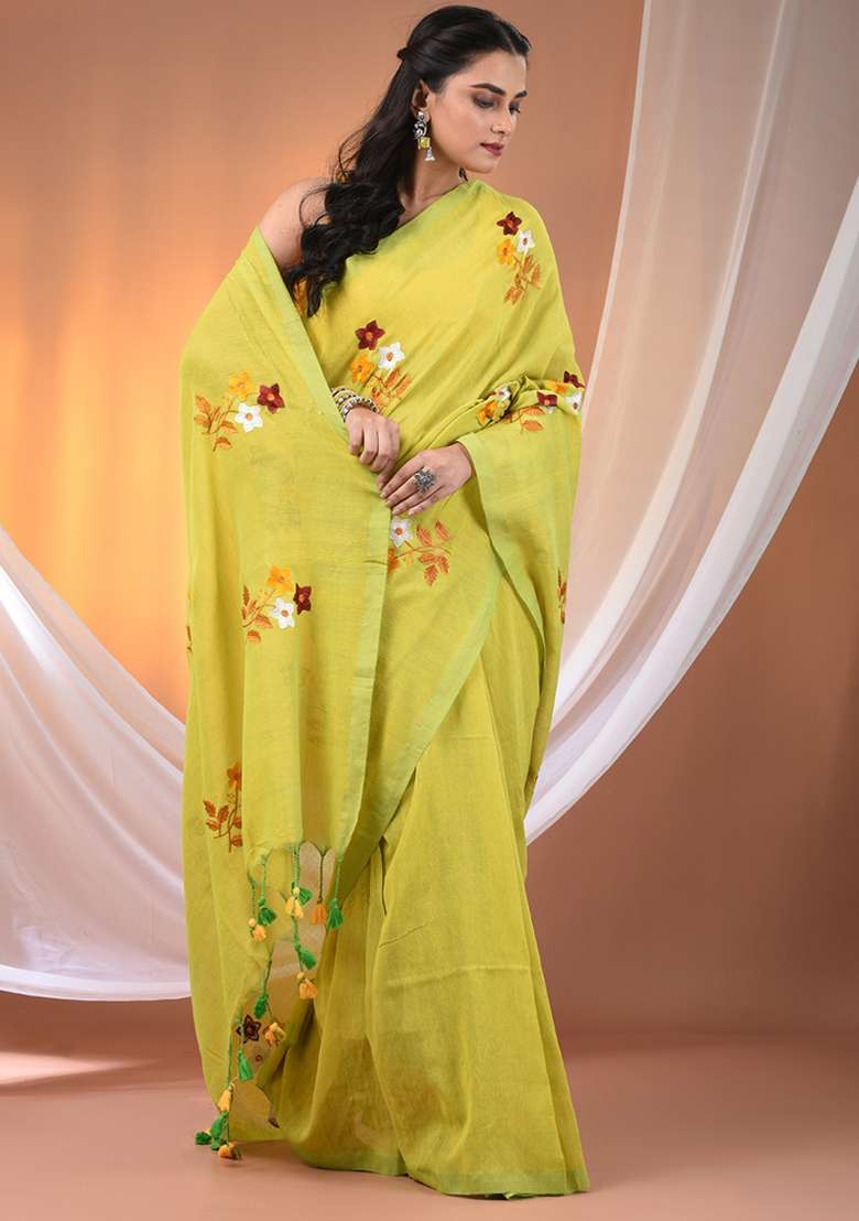 Lime Green Floral Cotton Saree Set with Embroidery for Diwali | Wedding & Festive Wear - Indya