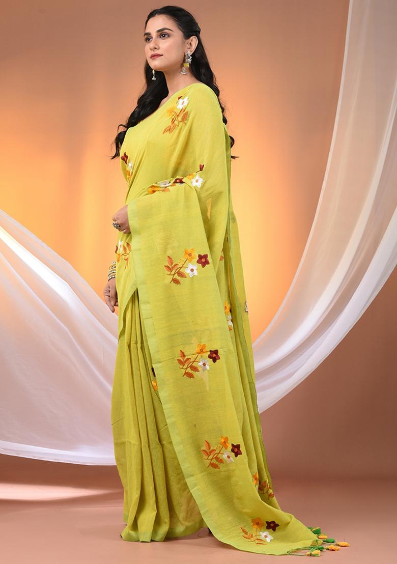 Lime Green Floral Embroidery Cotton Saree Set - Indya