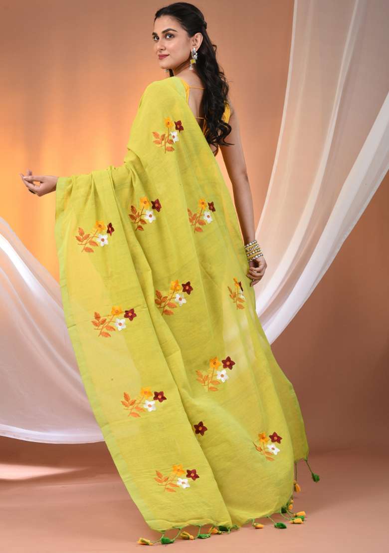 Lime Green Floral Cotton Saree Set with Embroidery for Diwali | Wedding & Festive Wear - Indya