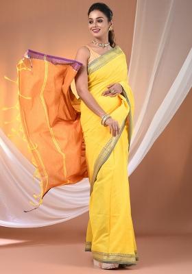 Yellow Floral Embroidery Cotton Saree Set