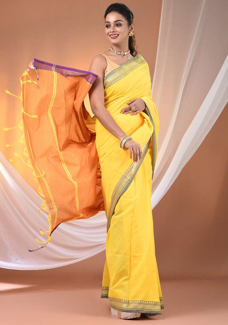 Yellow Floral Embroidery Cotton Saree Set for Diwali and Festive Wear - Indya
